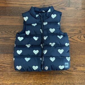 Baby GAP Navy Blue w/ Silver Hearts Puffer Vest, Toddler Girl Size 2